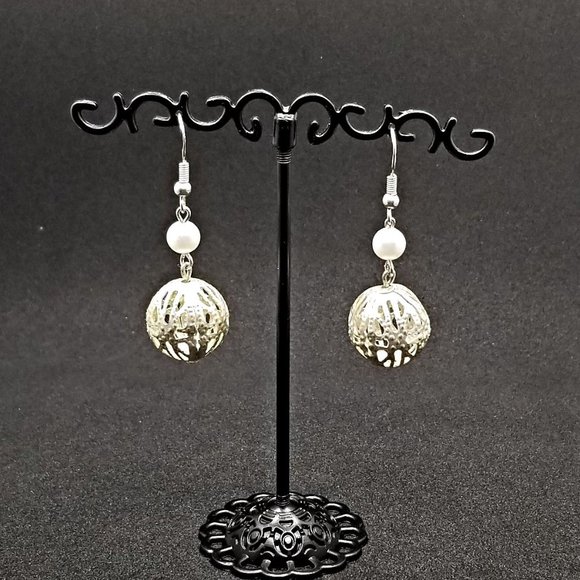 Filigree Faux Pearl Drop Earrings - Picture 1 of 3